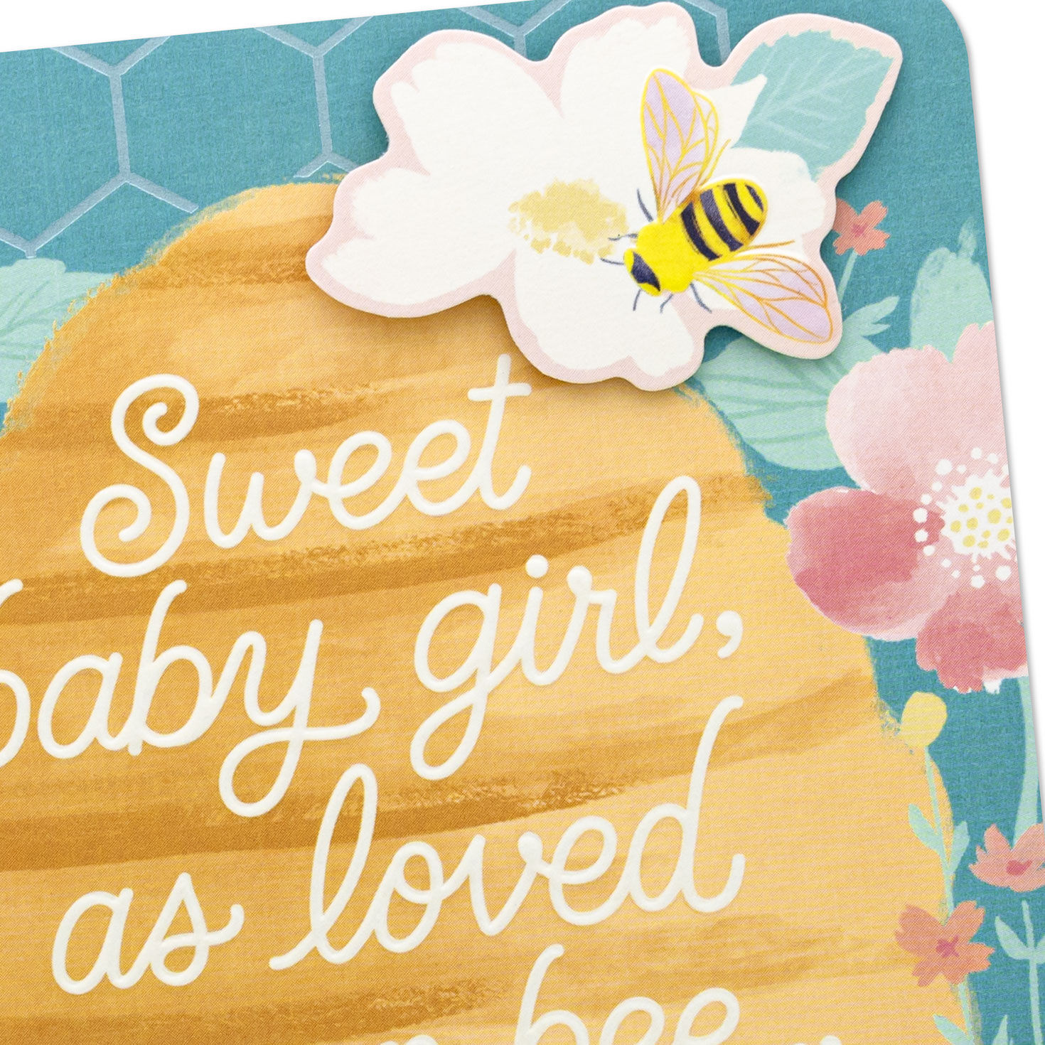 Bees, Hive and Flowers New Baby Girl Card Open card with envelope image number 4