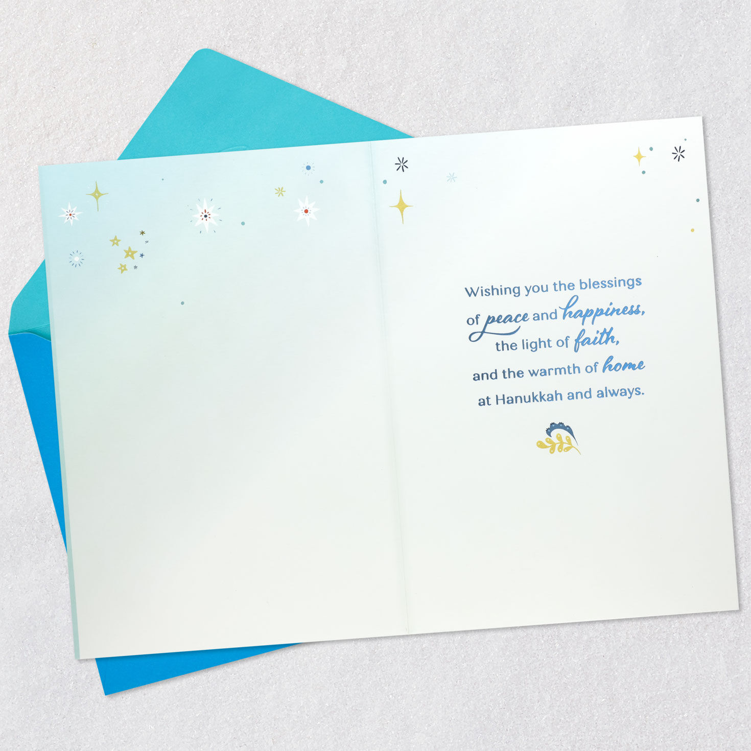 Blue Folk Art Peace Dove Hanukkah Card Open card with envelope image number 3
