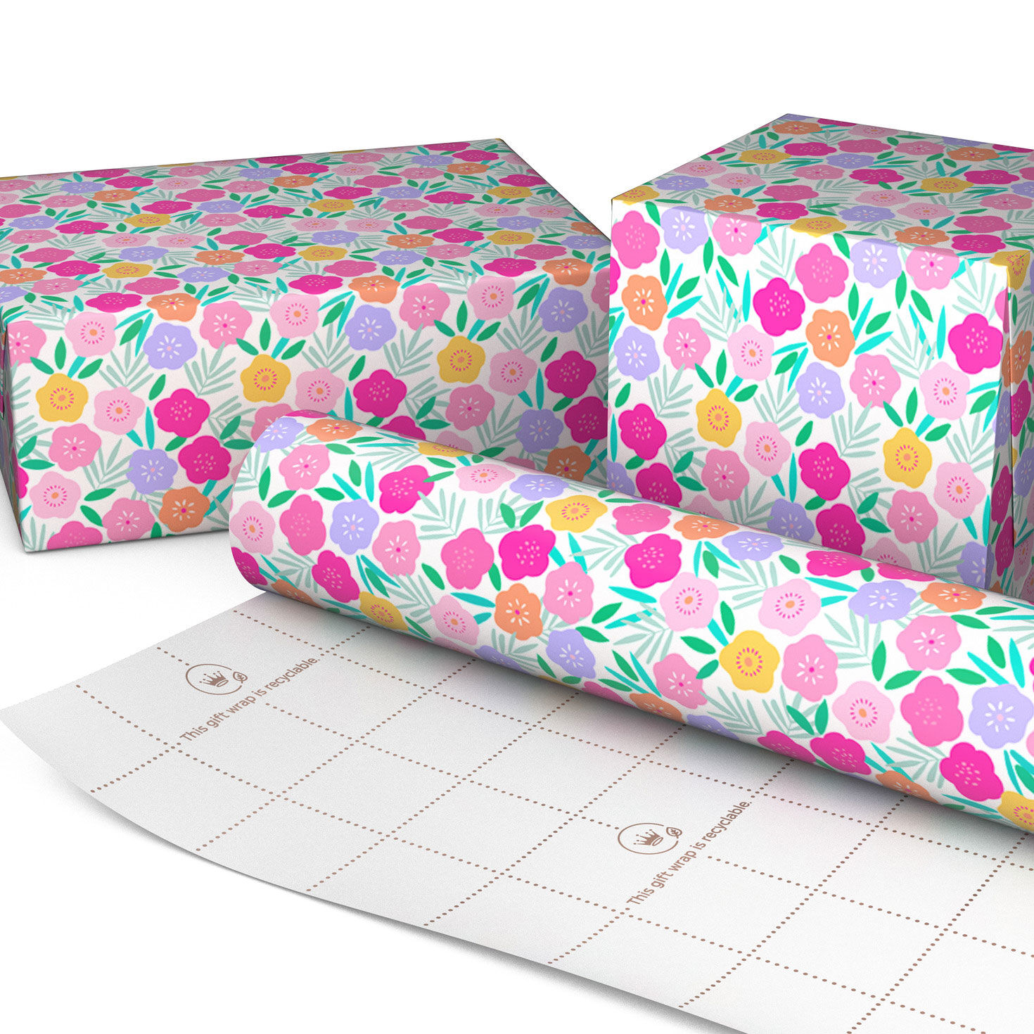 Pink, Purple and Yellow Flower Print Gift Wrap Wrapped package image number 2