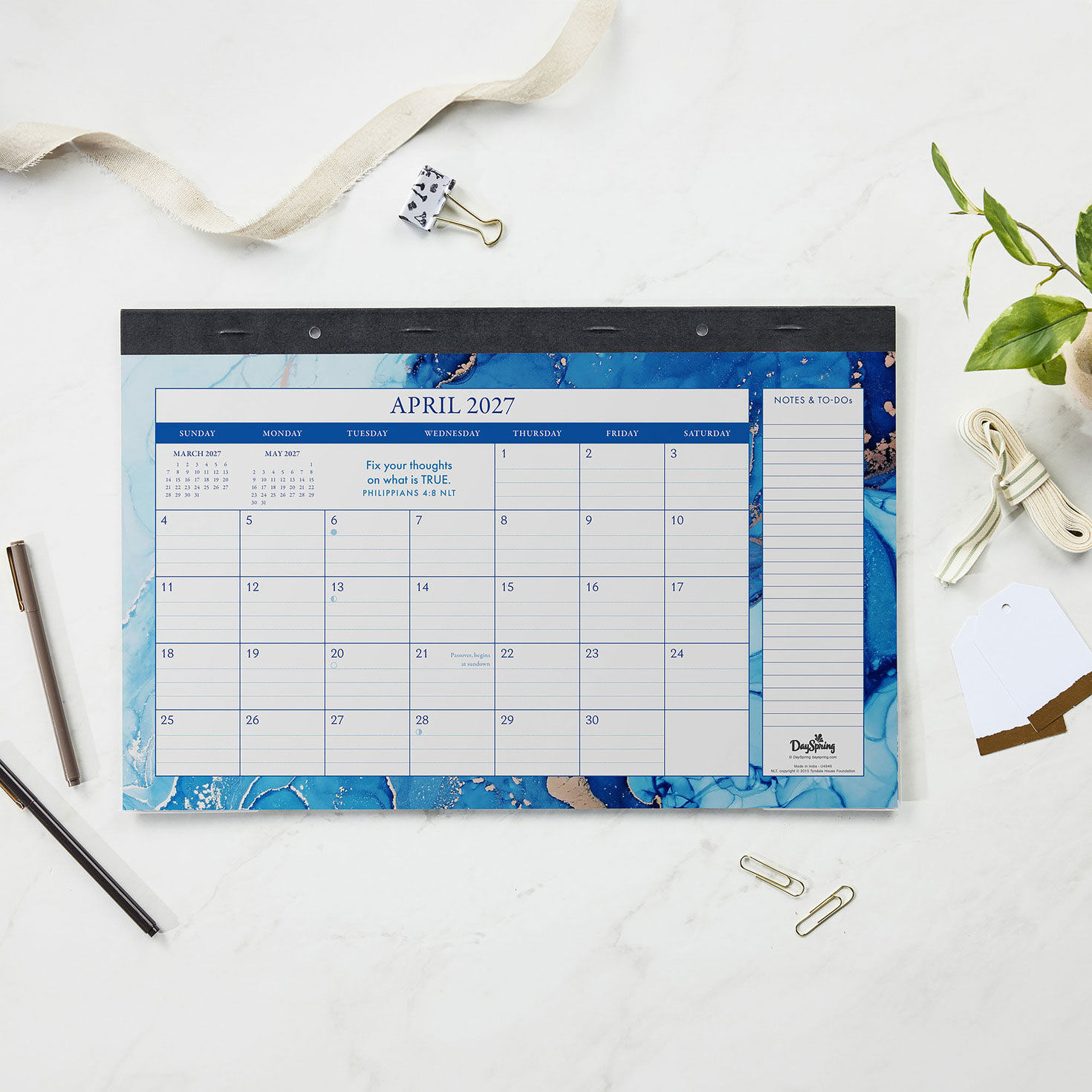 Blue and Gold Foil Marbled 2027 Desk Pad Calendar in use image number 5