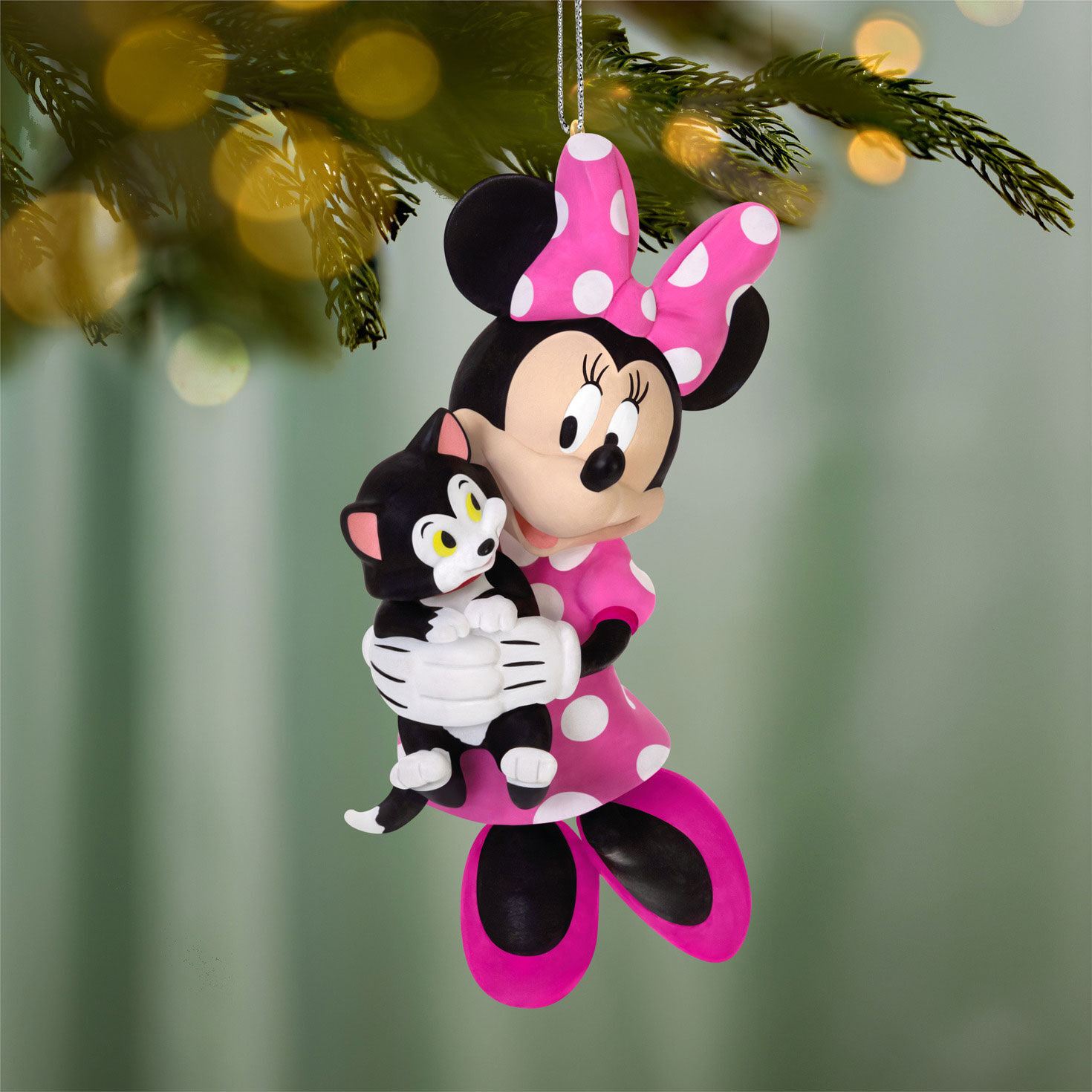 Minnie Mouse Holding Black White Cat Ornament hanging on tree image number 2
