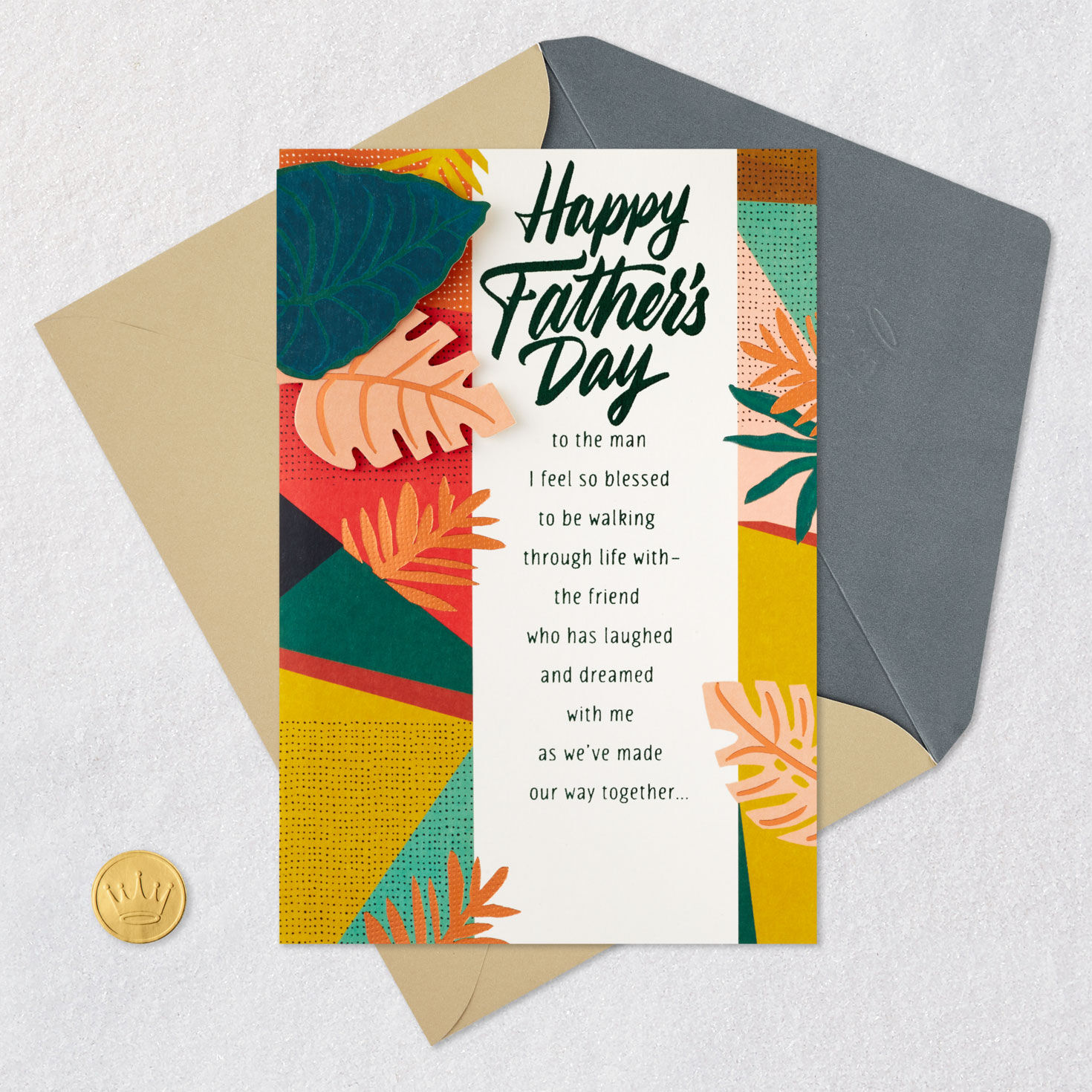 Tropical Leaves Romantic Father's Day Card Card Front with Envelope and Gold Seal image number 6