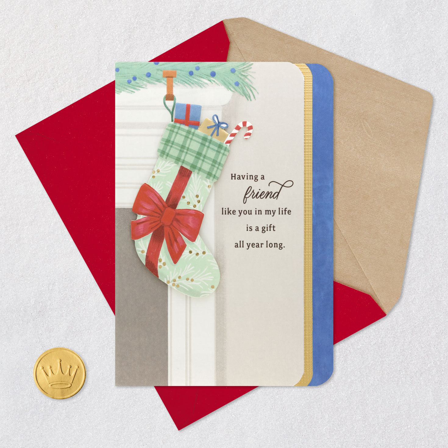 Green Plaid Stocking Christmas Card for Friend Card Front with Envelope and Gold Seal image number 6