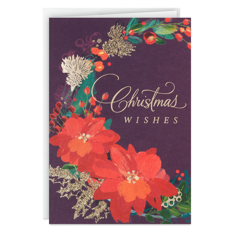 Poinsettia Wreath Boxed Christmas Cards Pack Card Front with Envelope image number 2