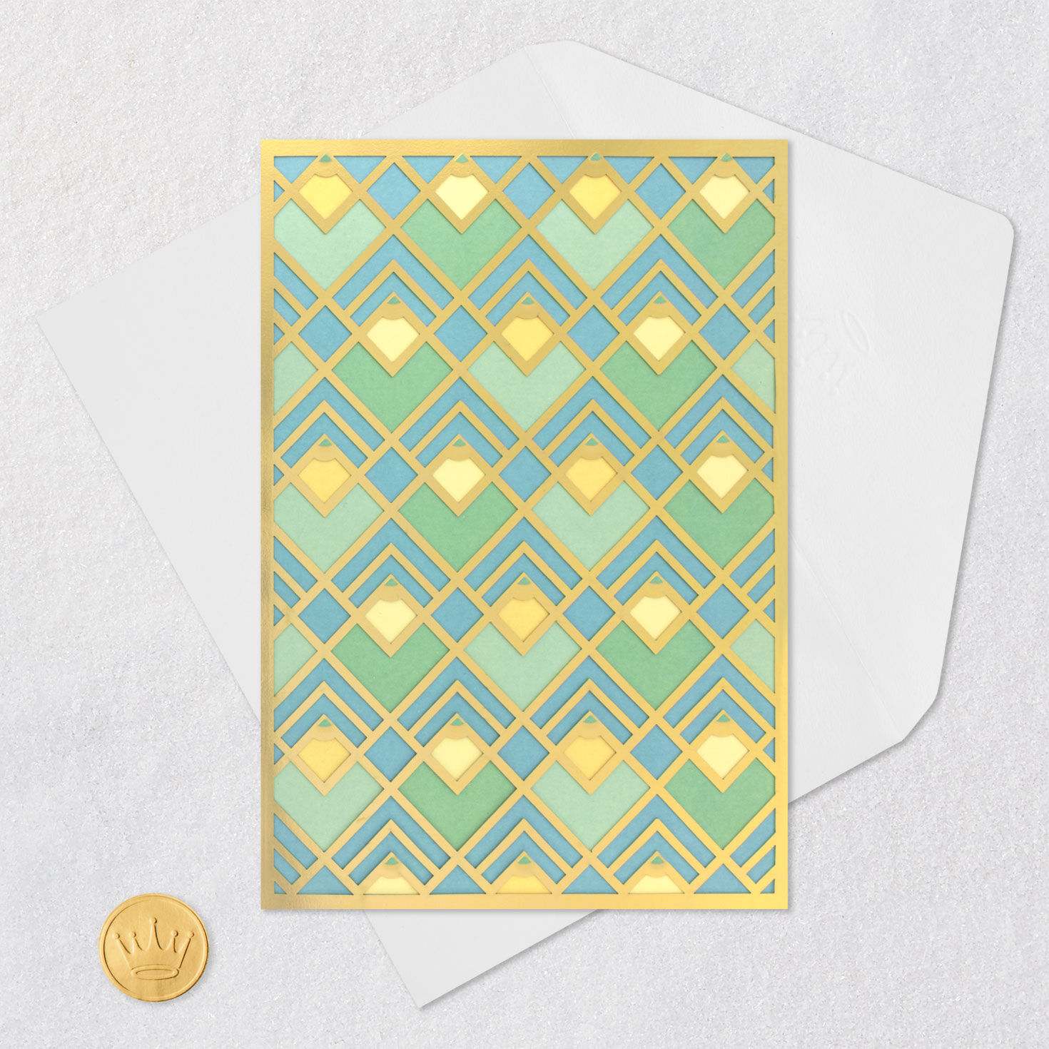 Art Deco Gold, Green and Blue Blank Thinking of You Card Card Front with Envelope and Gold Seal image number 4