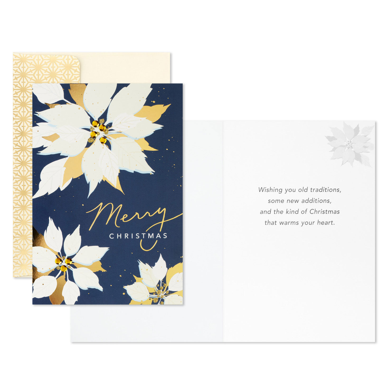 Poinsettia Blooms on Blue Boxed Christmas Cards Card Front with Sentiment image number 3