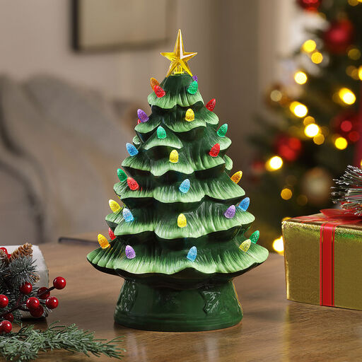Vintage-Inspired Green Ceramic Christmas Tree with LED, 12", 