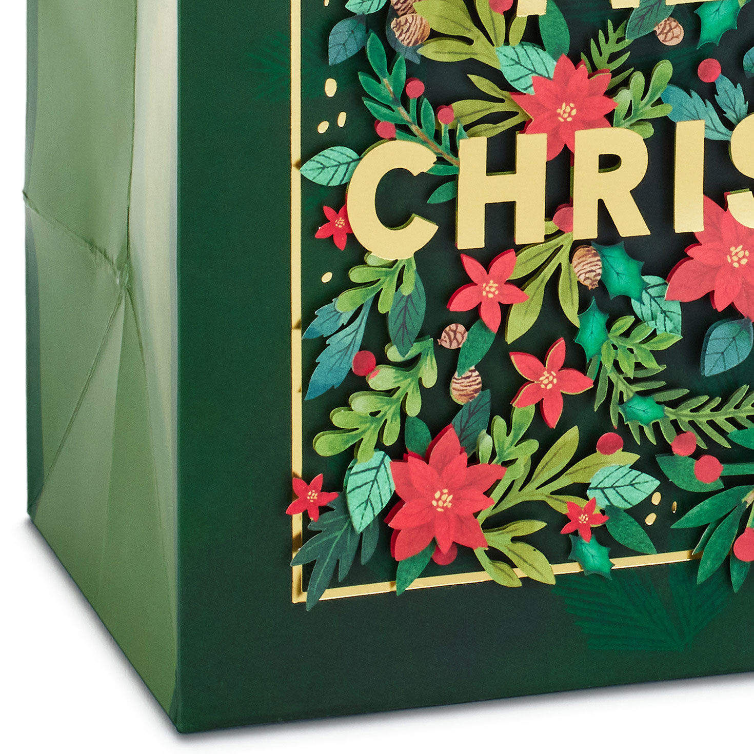 Red Poinsettias on Green Square Holiday Gift Bag Base/Side Detail image number 5