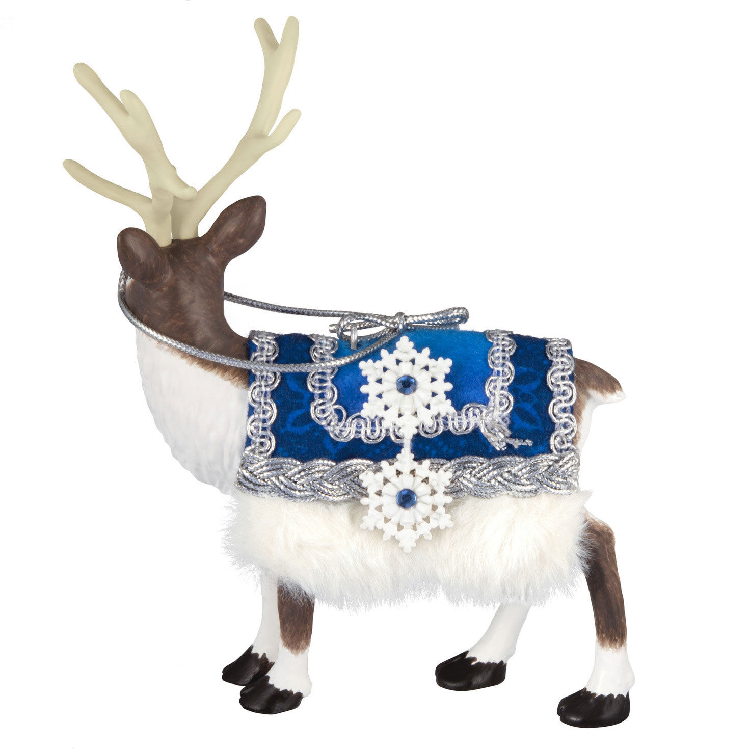 Reindeer With Blue Blanket Keepsake Ornament Back image number 2
