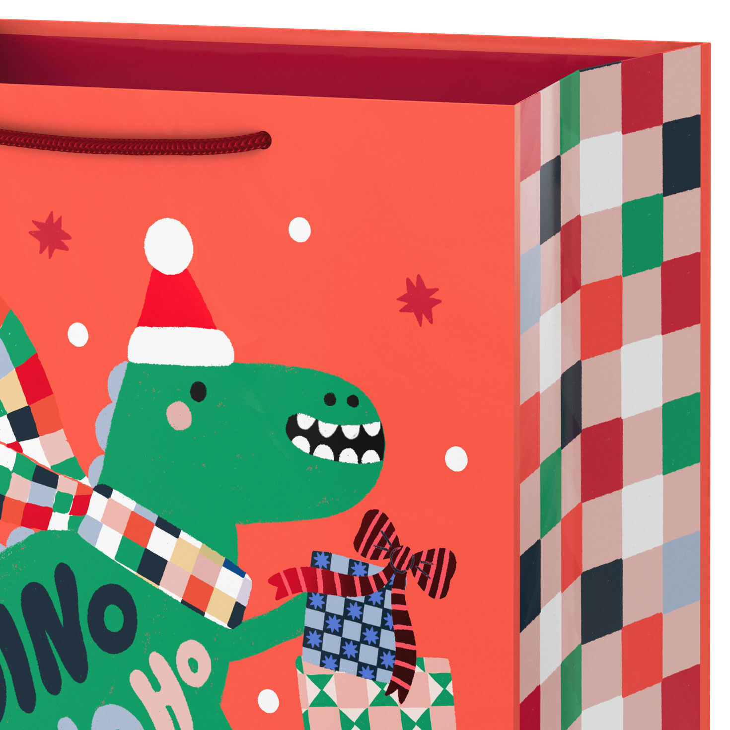 Dinosaur on Orange Large Holiday Gift Bag Handle Detail image number 4
