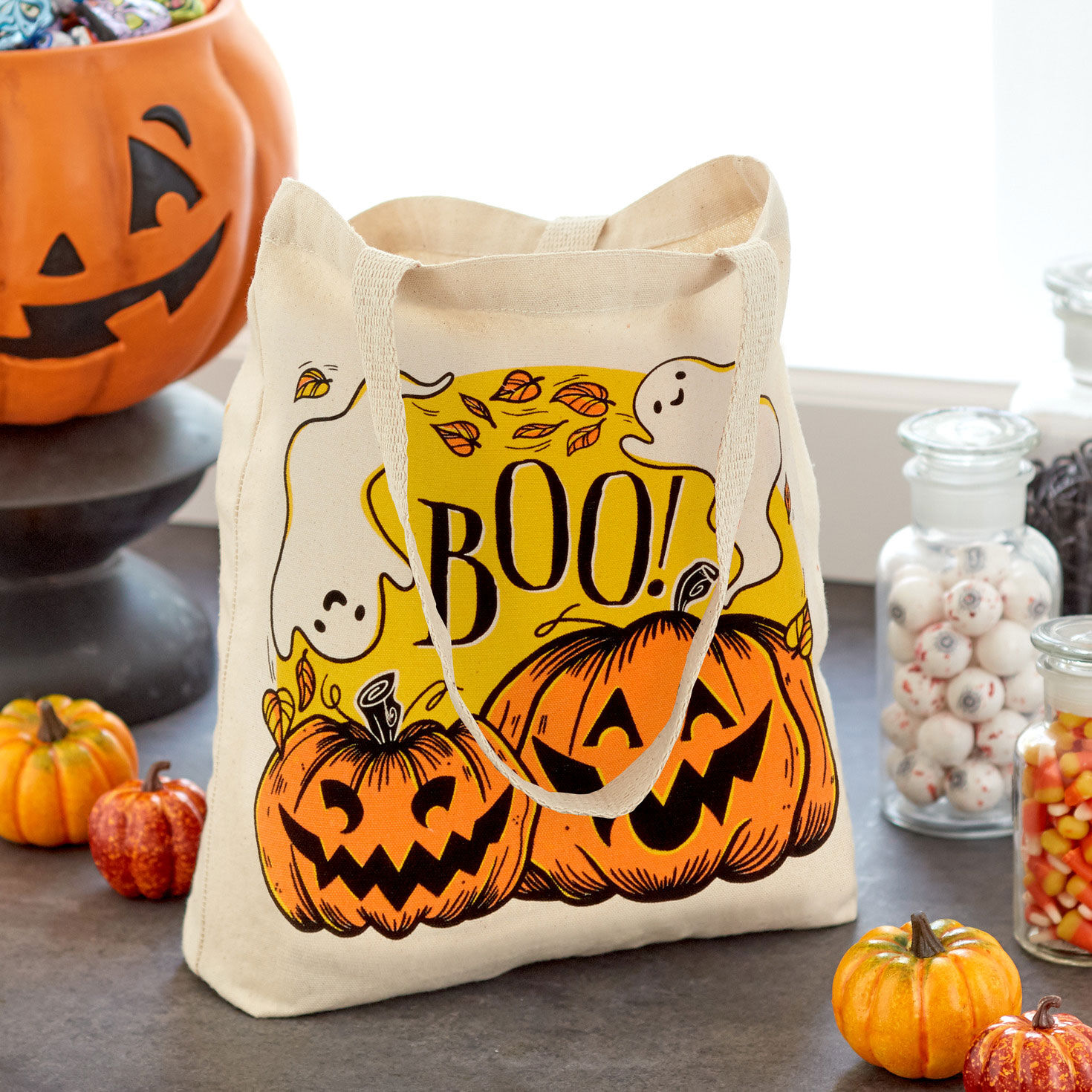 Ghost and Pumpkins Canvas Halloween Tote Bag In use image number 2