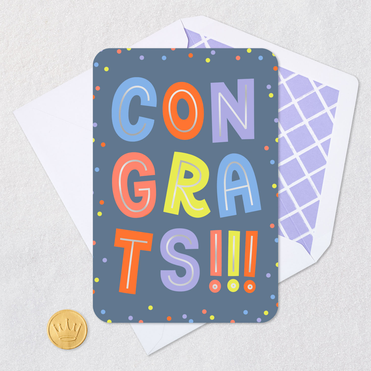 Colorful Block Lettering and Confetti Congratulations Card Card Front with Envelope and Gold Seal image number 5