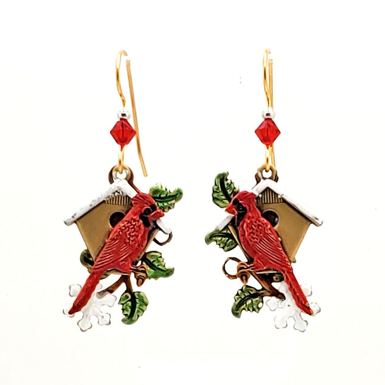Silver Forest Cardinal and Birdhouse Layered Metal Earrings
