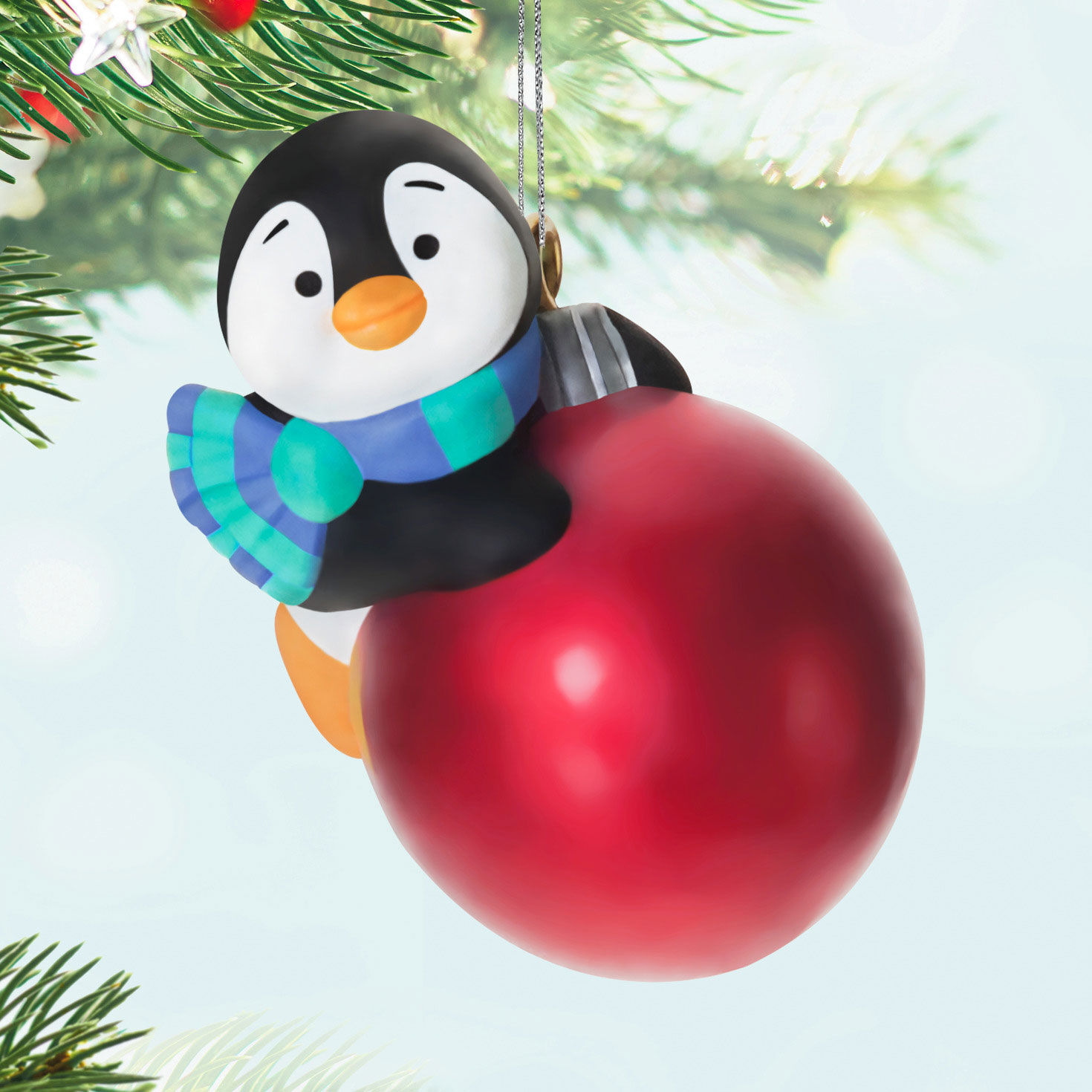 Penguin on Red Ornament Keepsake Ornament Hanging on tree image number 2