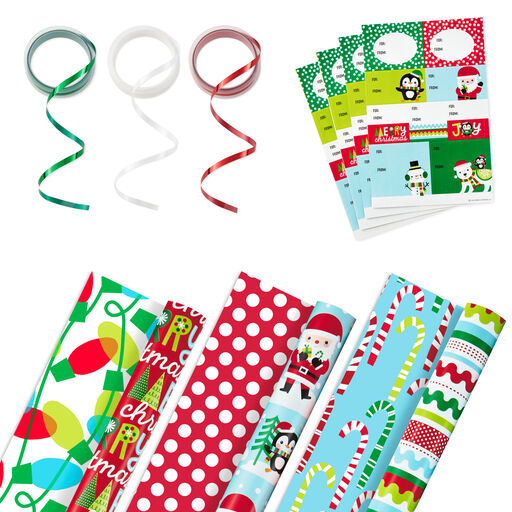 Bright Cheer Gift Wrap Kit With Reversible Christmas Wrapping Paper, Ribbon and Tags, 120 sq. ft., 