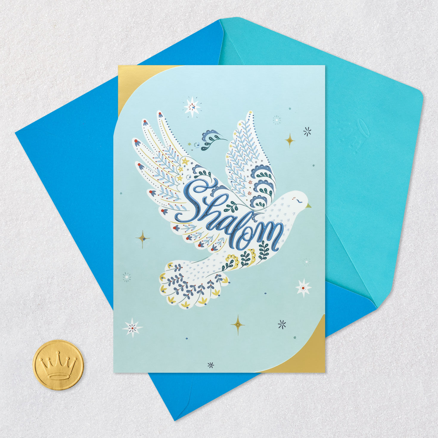Blue Folk Art Peace Dove Hanukkah Card Card Front with Envelope and Gold Seal image number 5