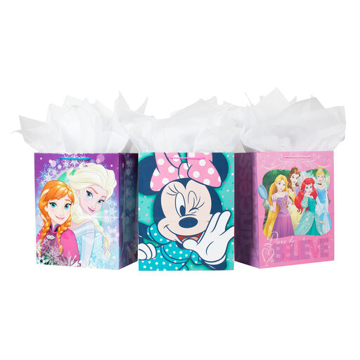 13" Disney Princess, Frozen 2 and Minnie Mouse 3-Pack Assorted Gift Bags With Tissue, 