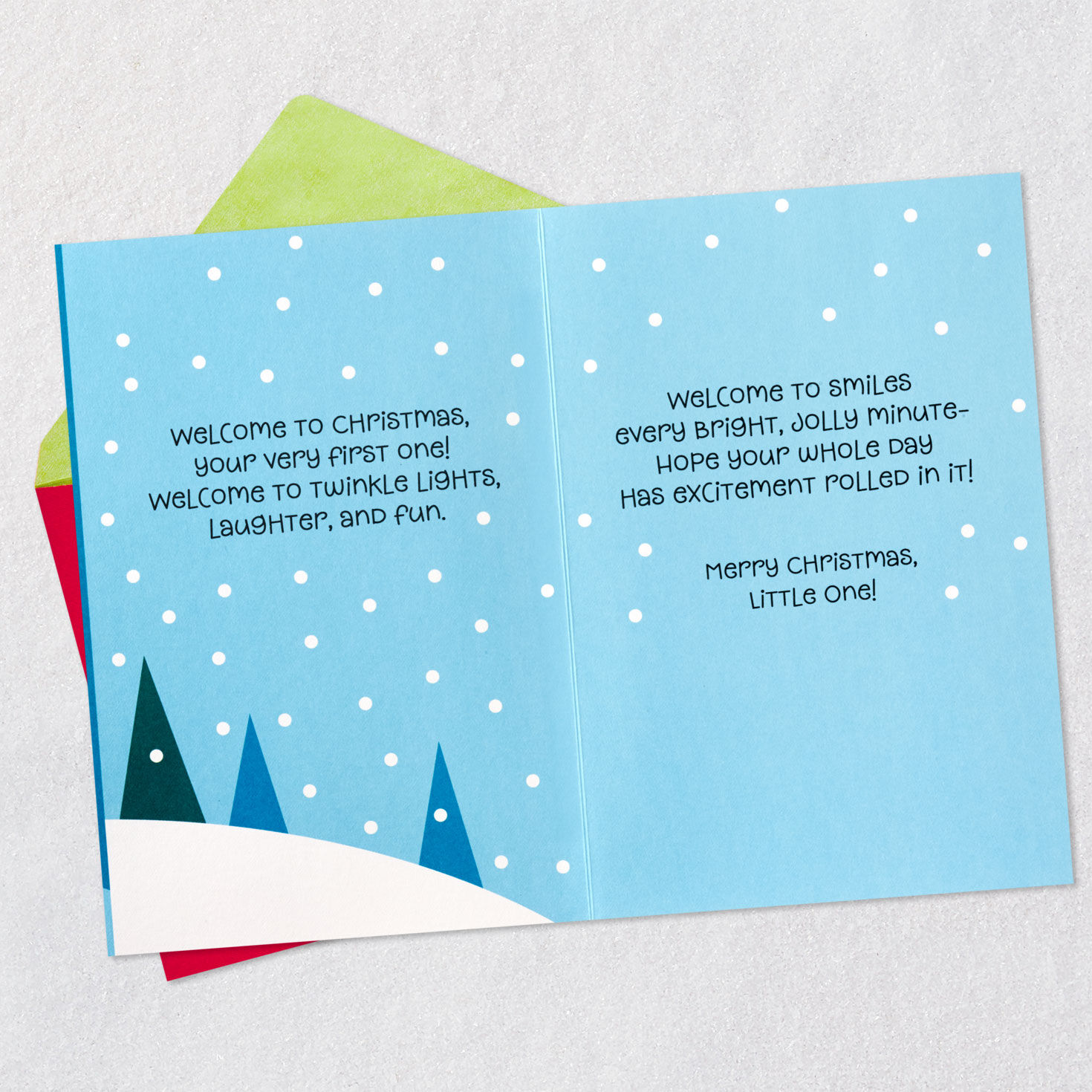 White Deer in Scarf Baby's First Christmas Card Open card with envelope image number 4