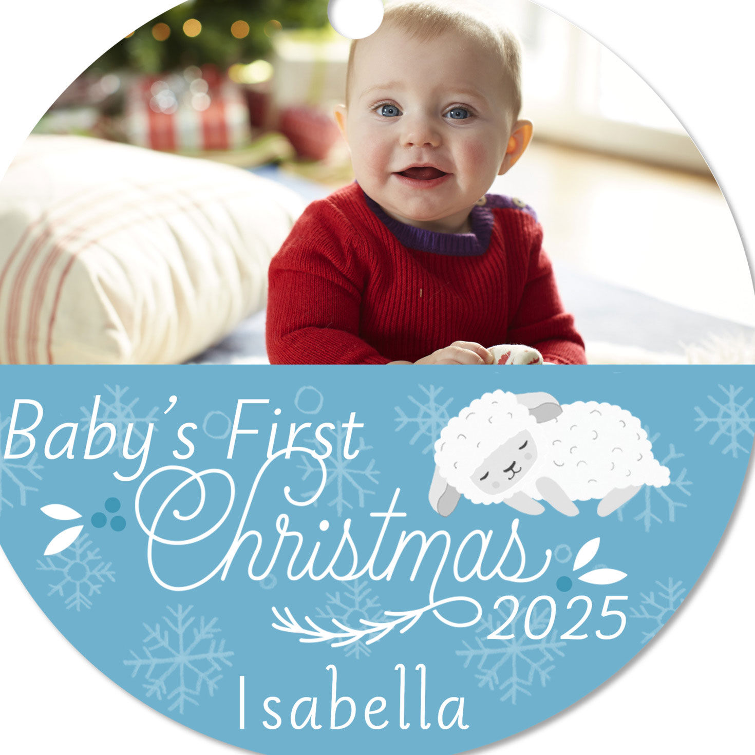 Baby's First Christmas Round Metal Personalized Ornament, Custom Horizontal Photo and Text, , large image number 4