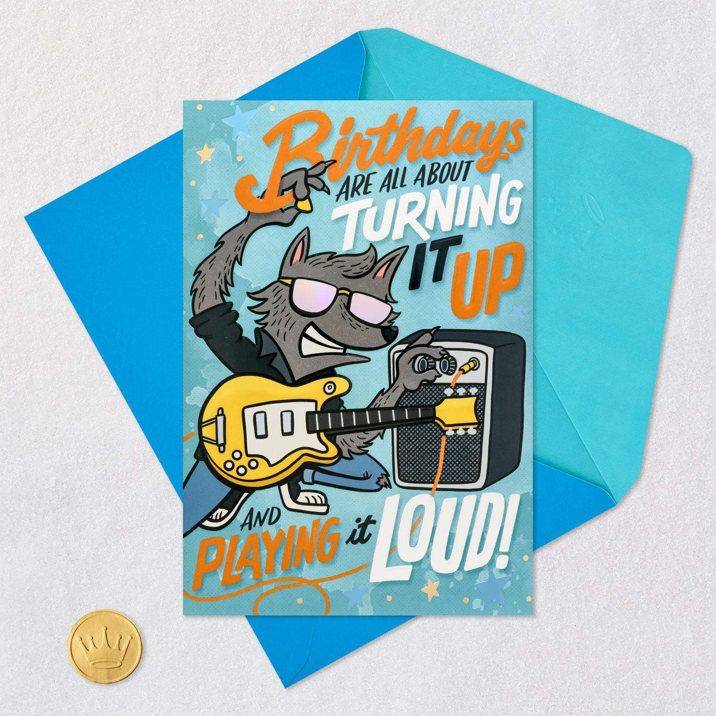Wolf Playing Guitar Kids Birthday Card Card Front with Envelope and Gold Seal image number 5
