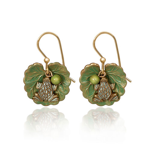 Silver Forest Frog on Lily Pad Layered Gold-Tone Metal Drop Earrings, 