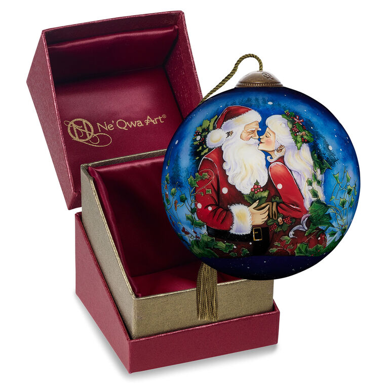 Santa and Mrs. Claus Kissing Blown Glass Ornament package and ornament image number 5