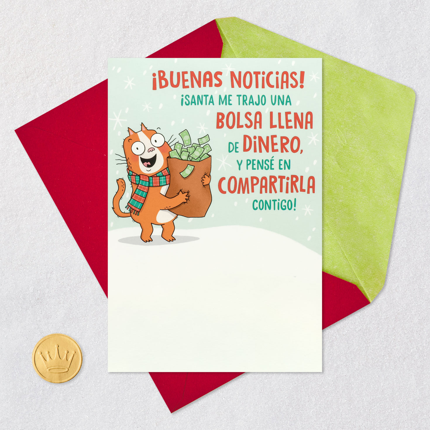 Orange Cat With Bag of Money Funny Christmas Card Card Front with Envelope and Gold Seal image number 6
