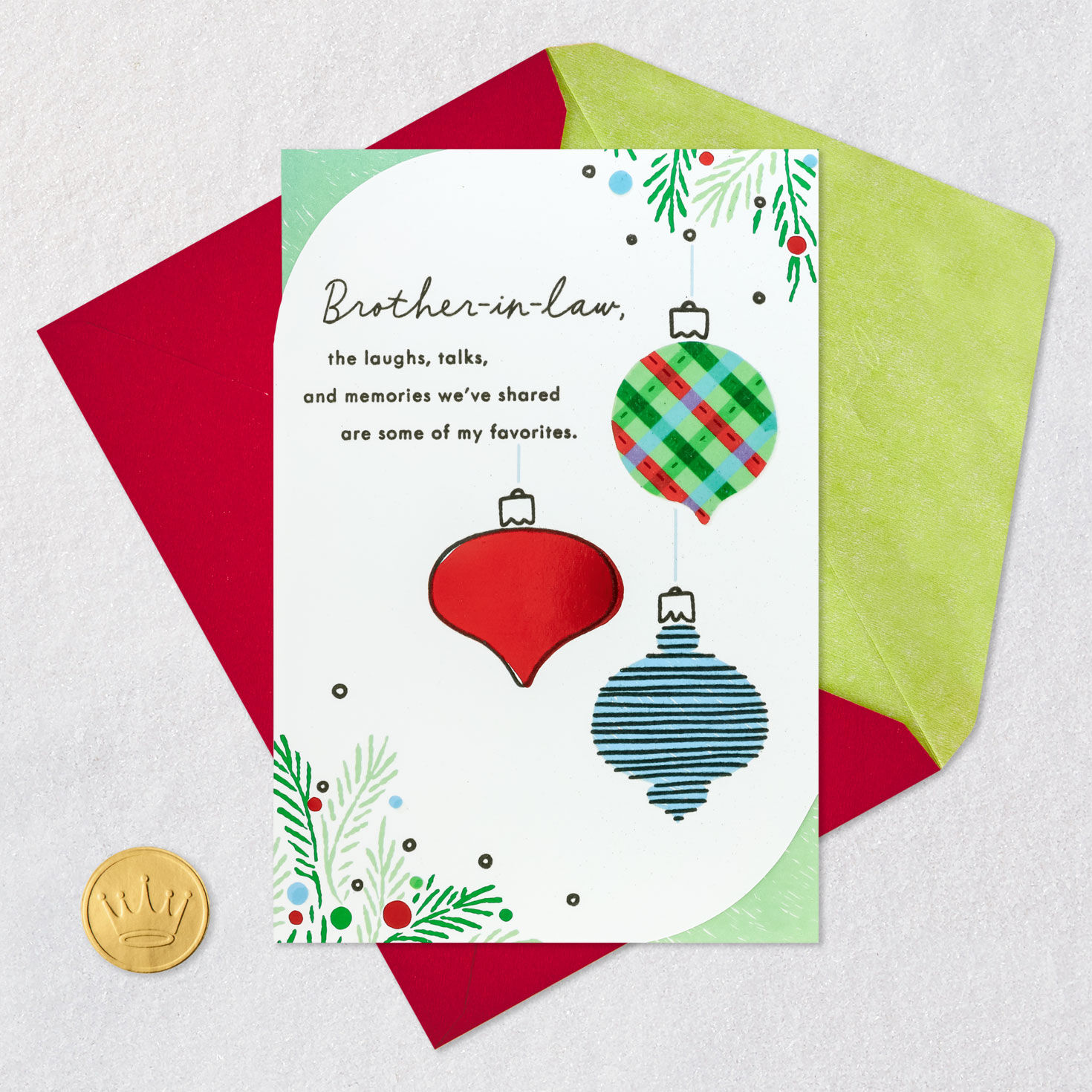Red, Blue and Green Ornaments Brother-in-law Christmas Card Card Front with Envelope and Gold Seal image number 5