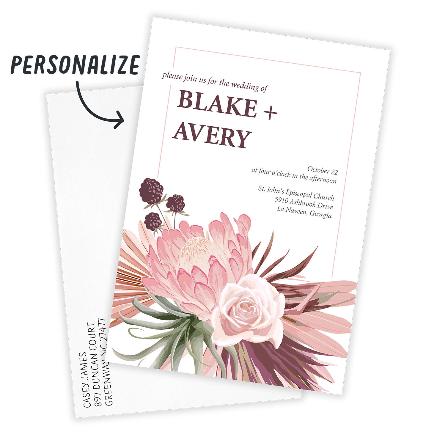 Pink Peony Rose Personalized Wedding Invitation Card Front indicating personalization image number 2