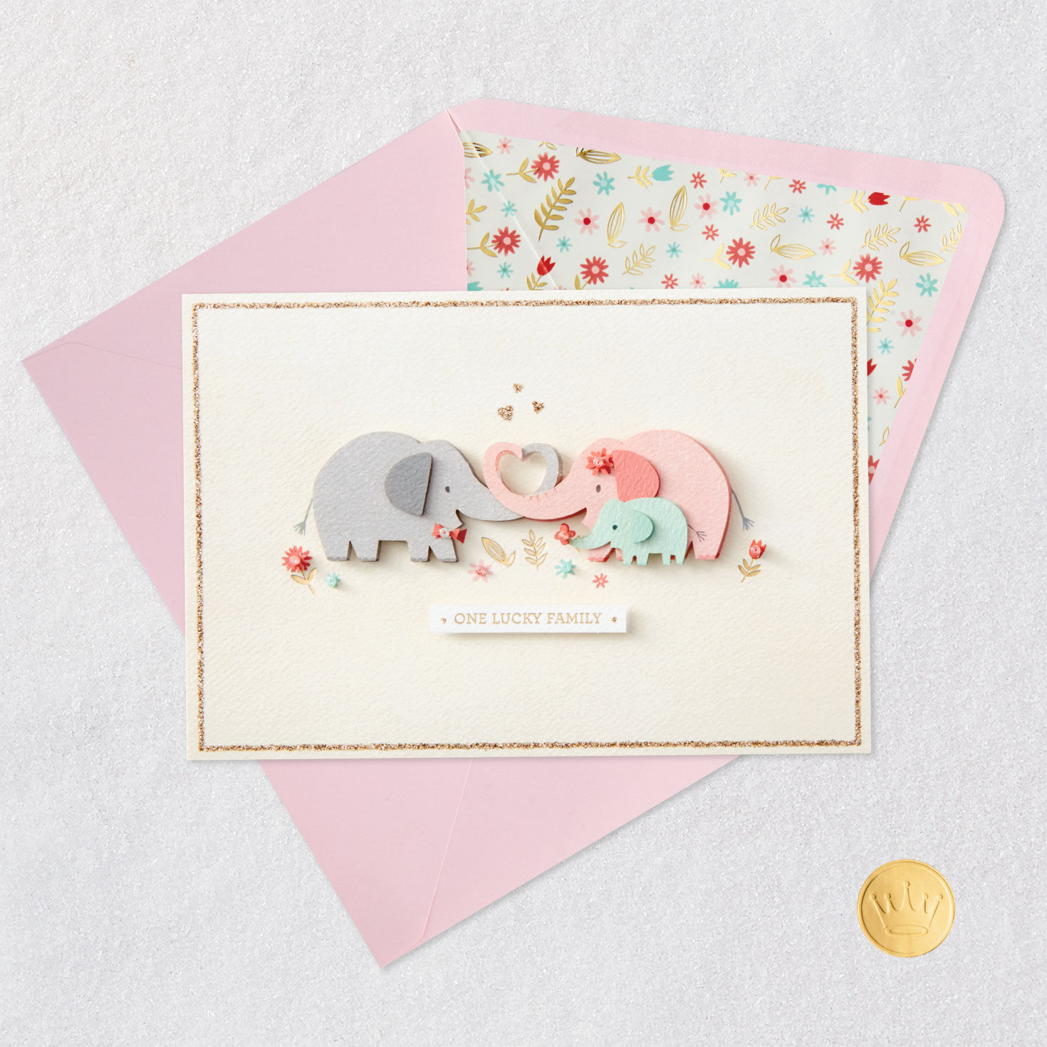 Elephant Hearts Lucky Family Wife Mother's Day Card Card Front with Envelope and Gold Seal image number 5