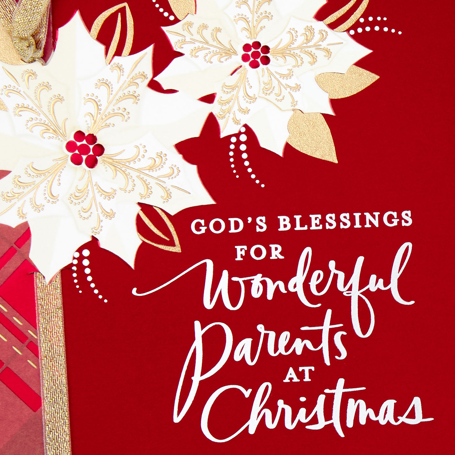 Poinsettia & Plaid Religious Christmas Card for Parents Card Front Detail image number 4