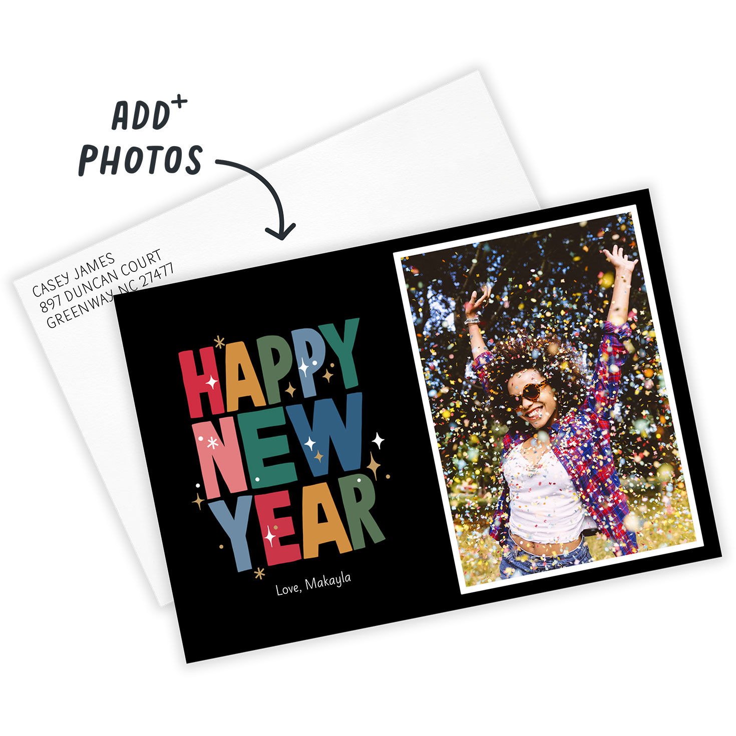 Colored Letters Personalized New Year Photo Card Card Front indicating personalization image number 2