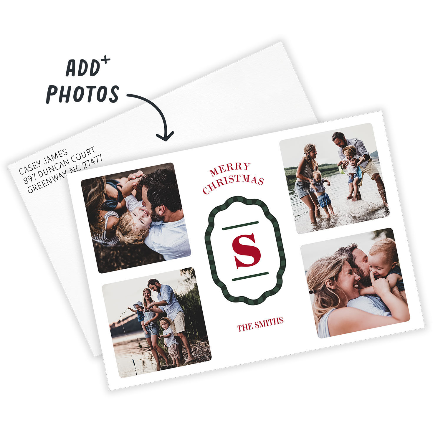 Red Green Monogram Personalized Christmas Photo Card Card Front indicating personalization image number 2