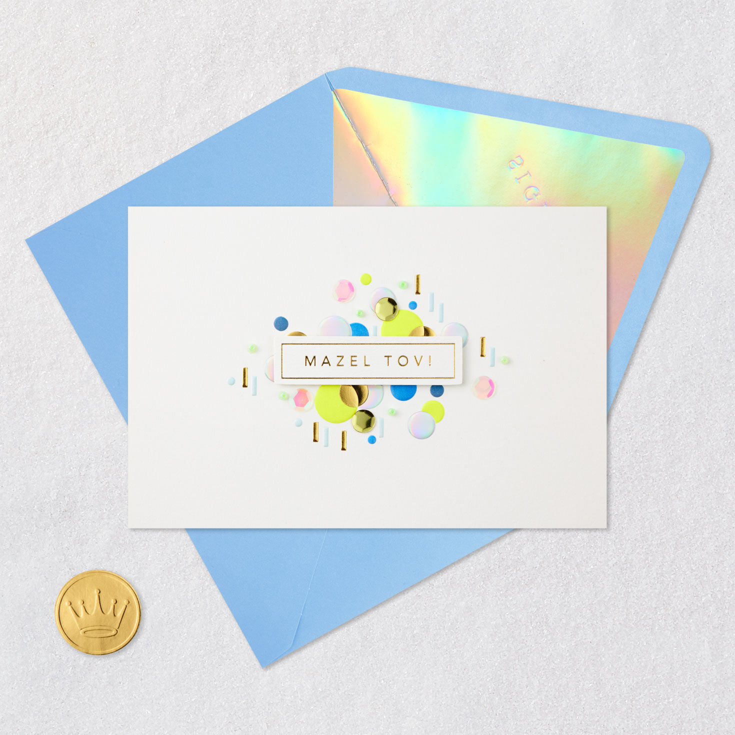 Blue and Gold Confetti Blank Jewish Congrats Card Card Front with Envelope and Gold Seal image number 4
