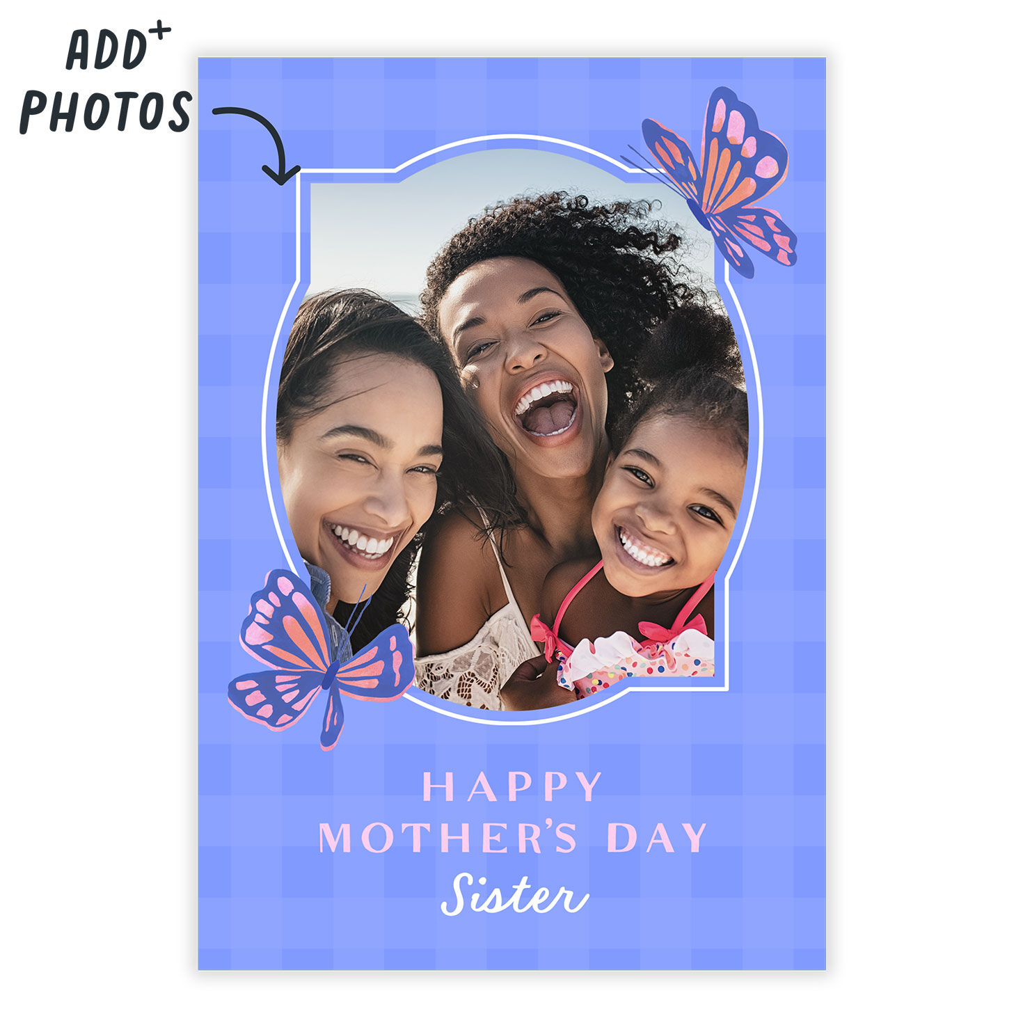 Butterflies on Purple Gingham Mother's Day Card Card Front indicating personalization image number 2