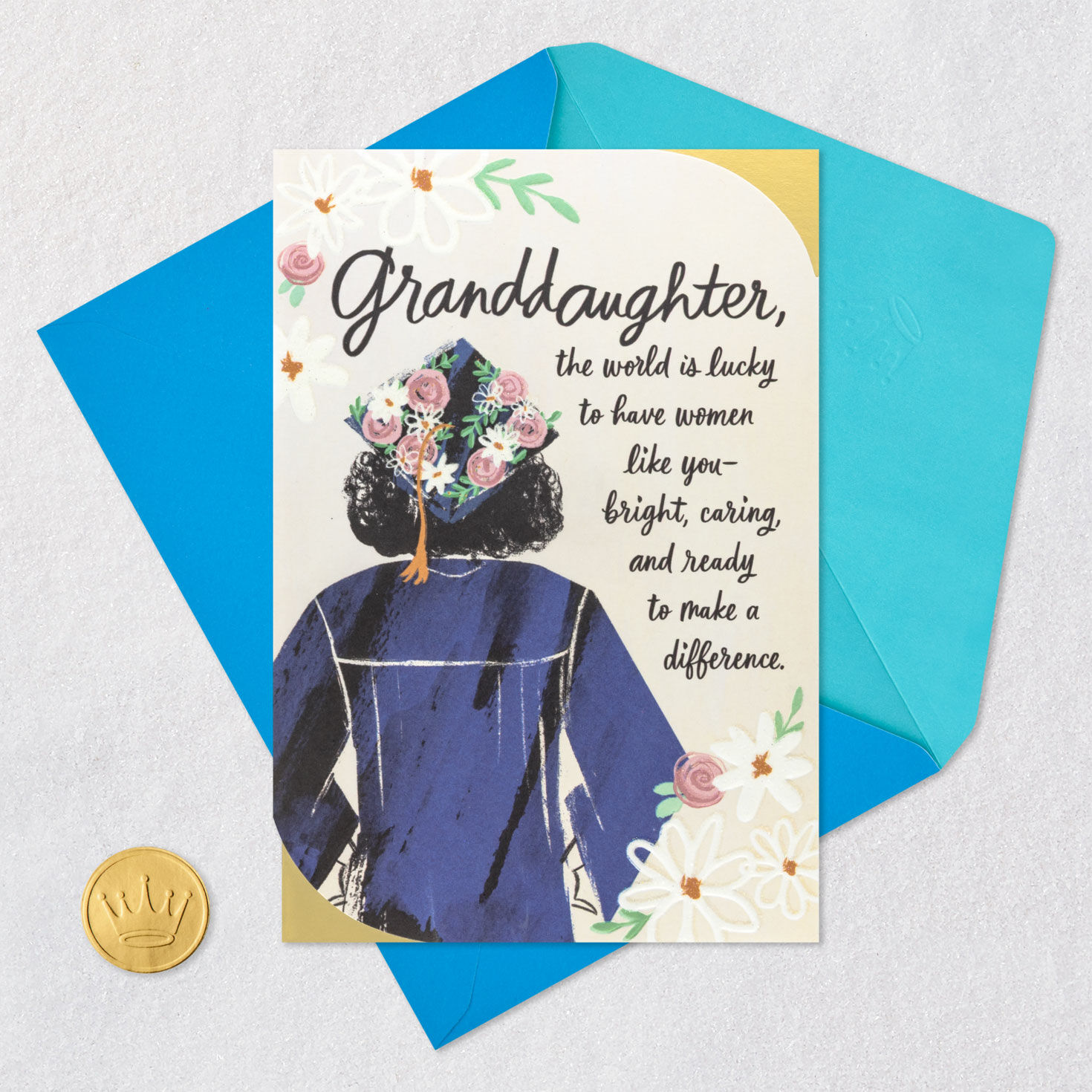 Girl Grad With Flowers Grad Card for Granddaughter Card Front with Envelope and Gold Seal image number 5