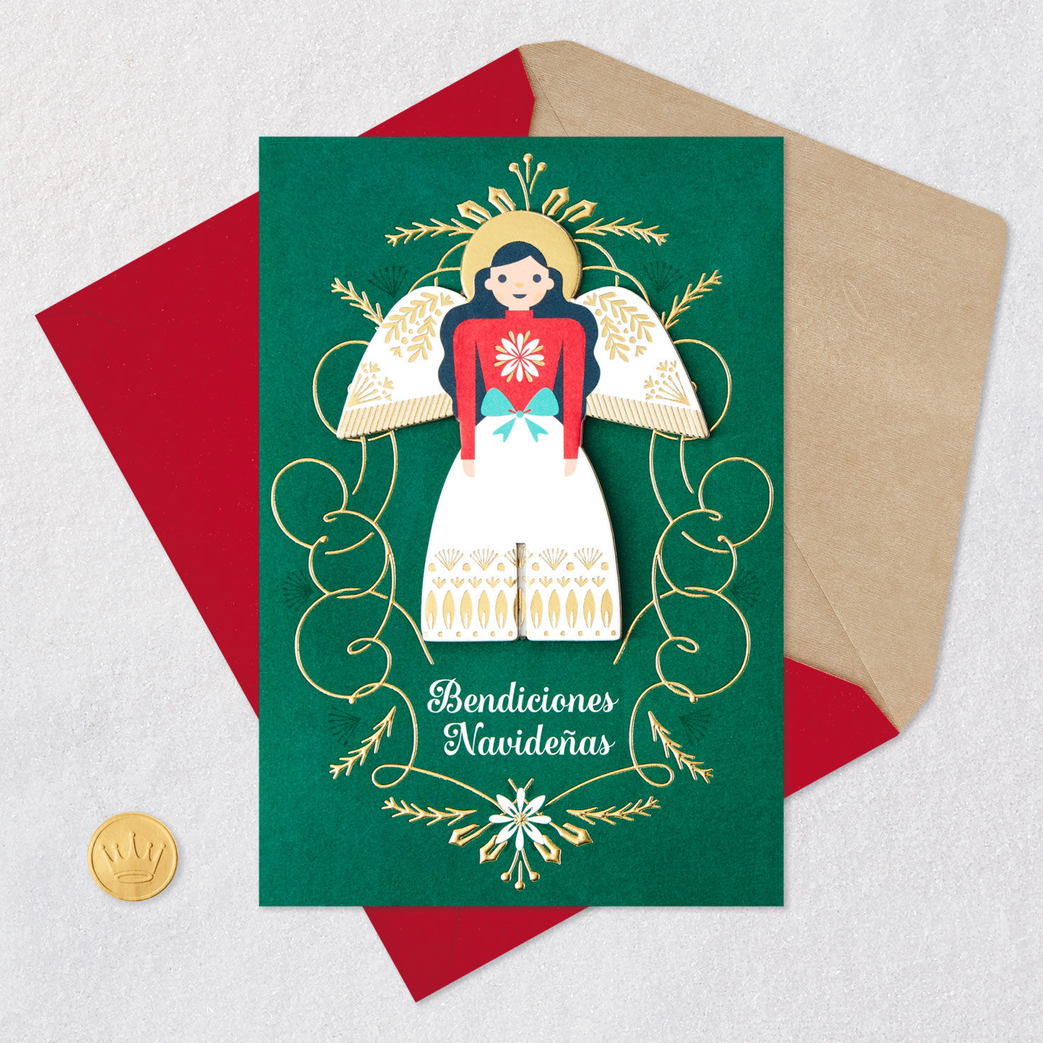 Removable Angel Decoration Christmas Card in Spanish Card Front with Envelope and Gold Seal image number 8