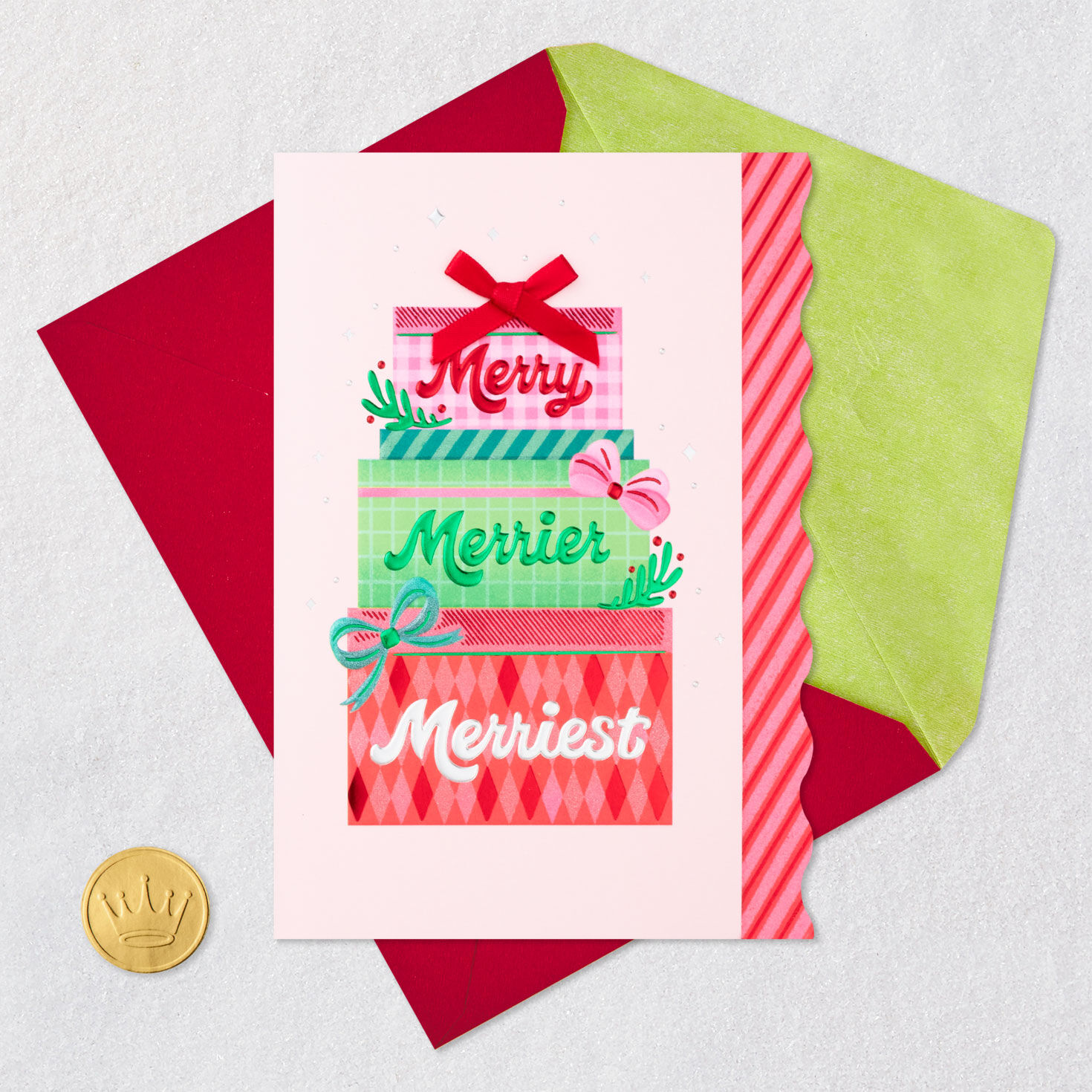 Pink Red Green Stacked Gifts Christmas Card Card Front with Envelope and Gold Seal image number 5