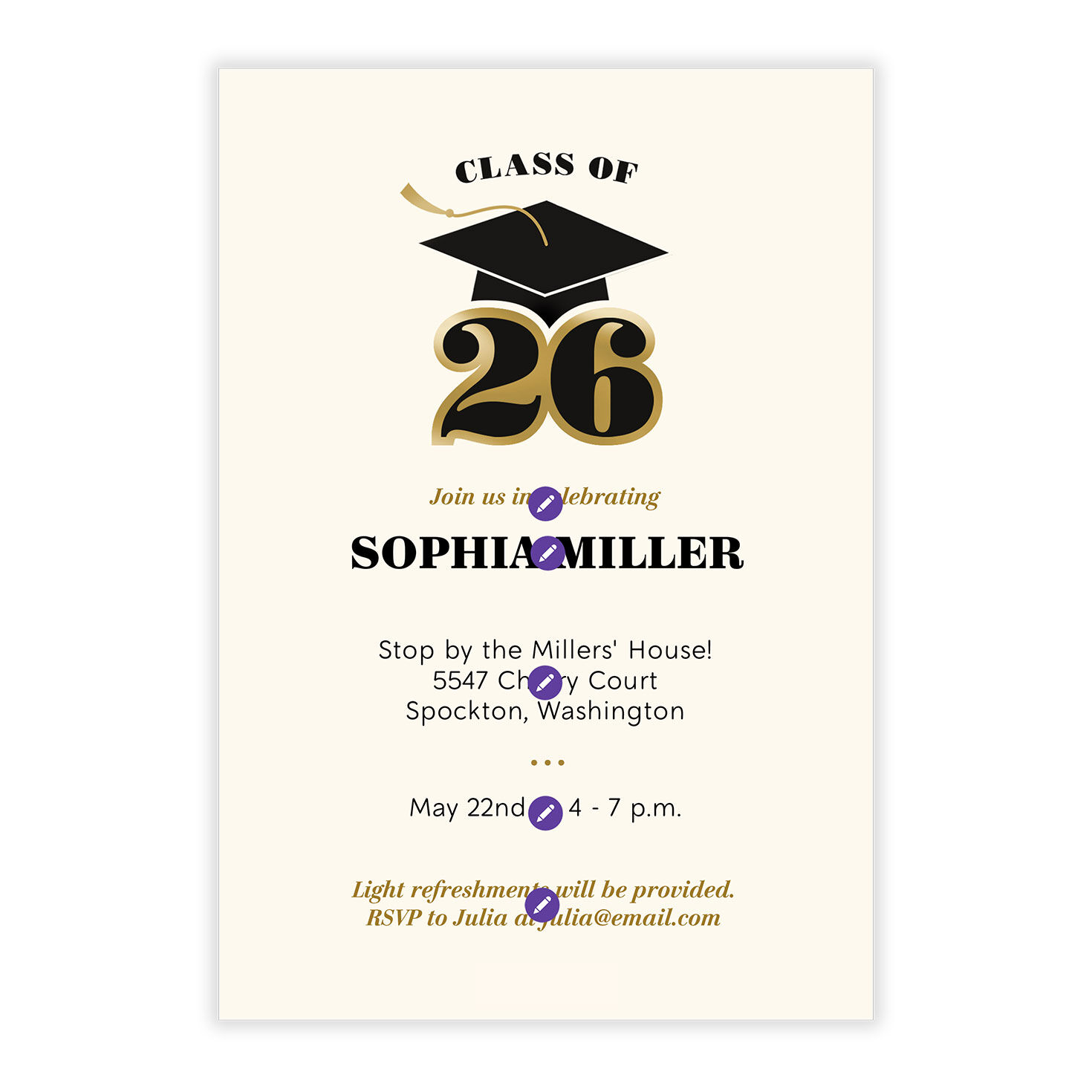 Class of 26 Hat Grad Party Invitation Card Front indicating personalization image number 5