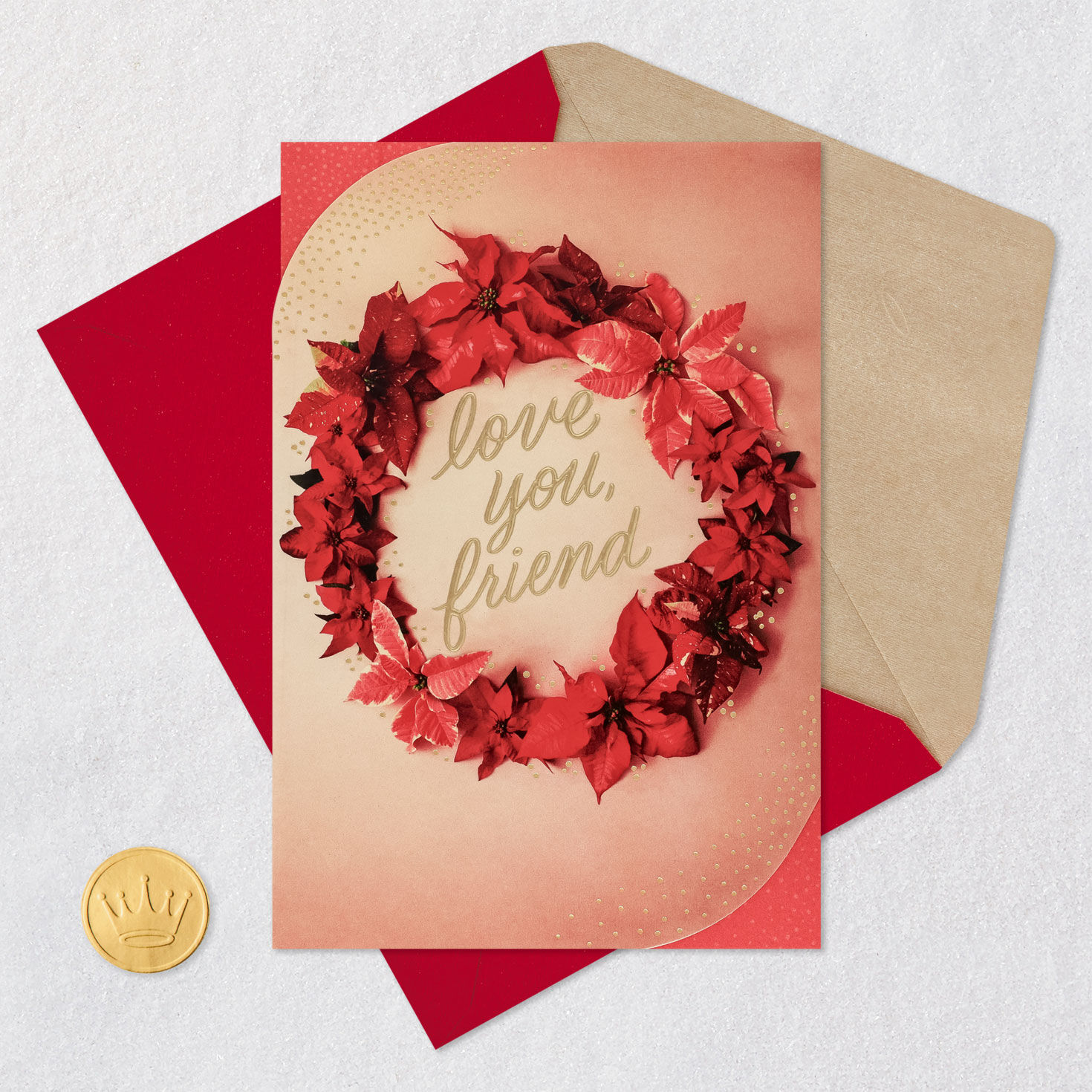 Poinsettia Wreath Christmas Card for Friend Card Front with Envelope and Gold Seal image number 6