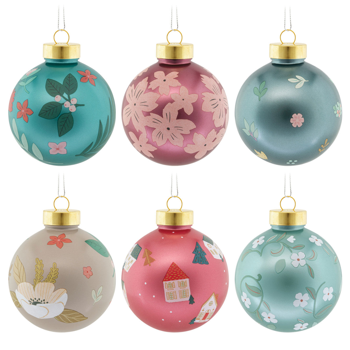 Floral and Festive Holiday Ball Hallmark Ornaments, Set of 6