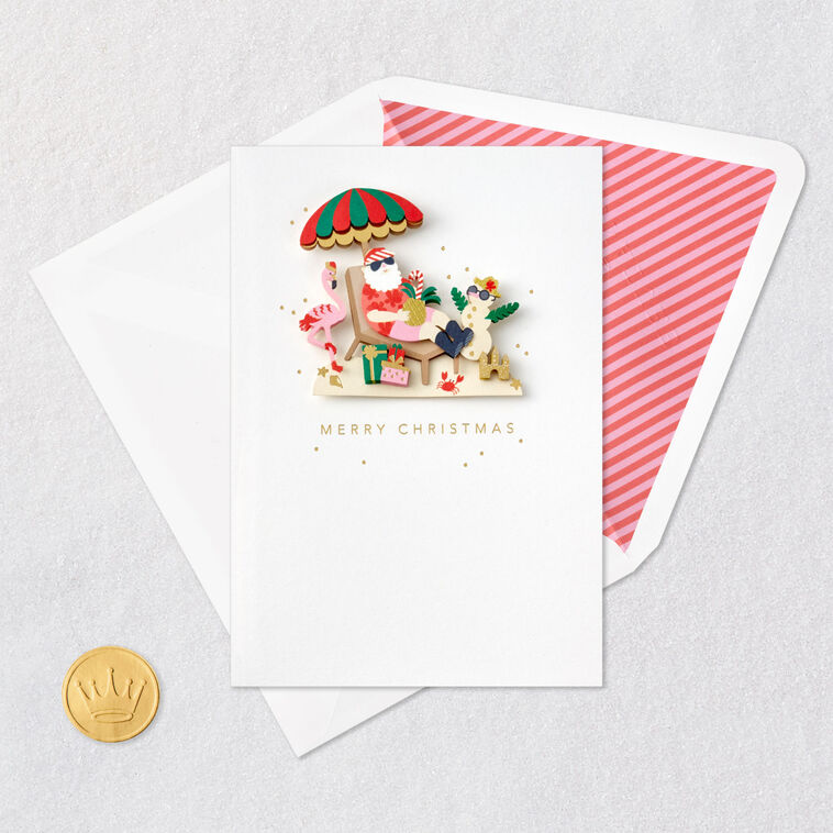 Tropical Santa with Flamingo Christmas Card Card Front with Envelope and Gold Seal image number 6