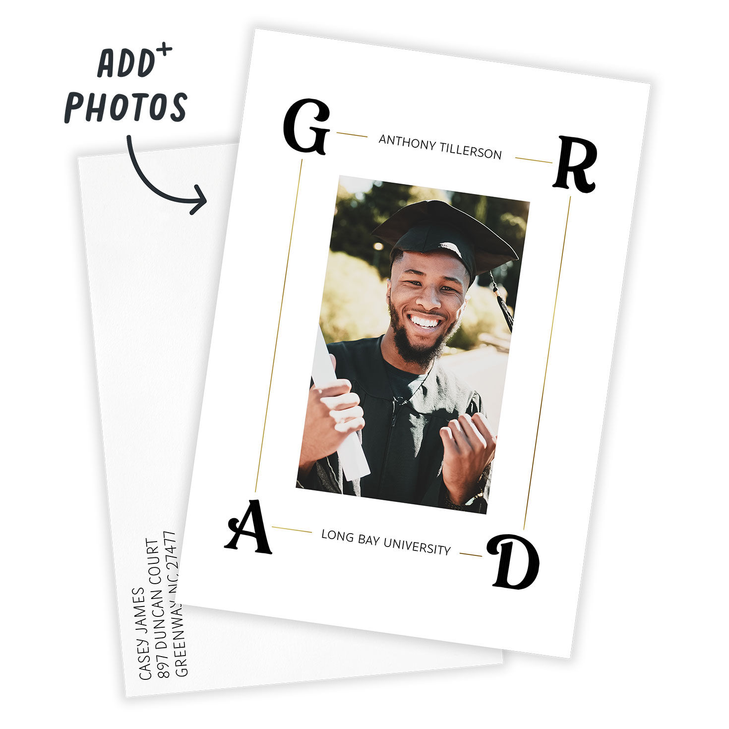 G-R-A-D in Corners Personalized Grad Announcement Card Front indicating personalization image number 2