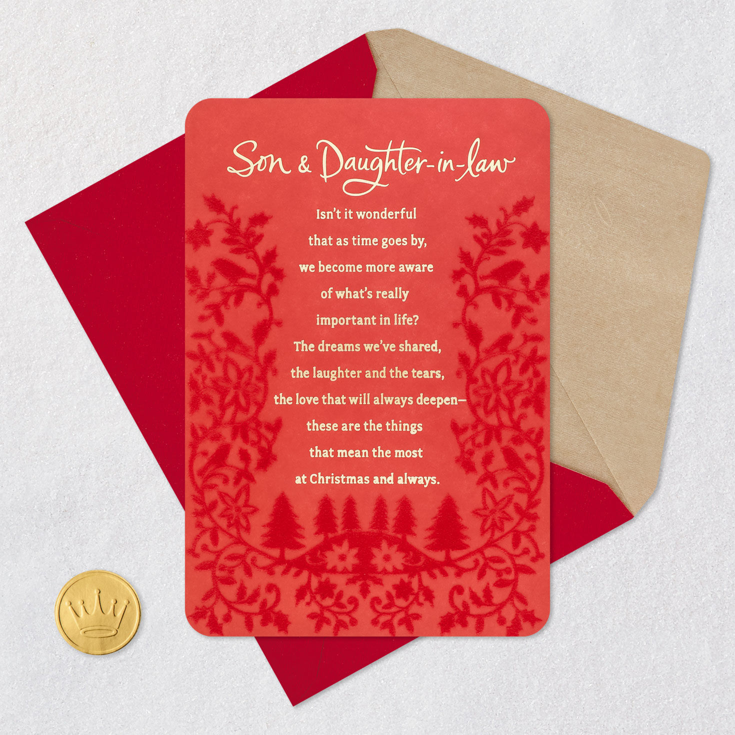 Red Poinsettia Christmas Card for Son & Daughter-in-Law Card Front with Envelope and Gold Seal image number 5