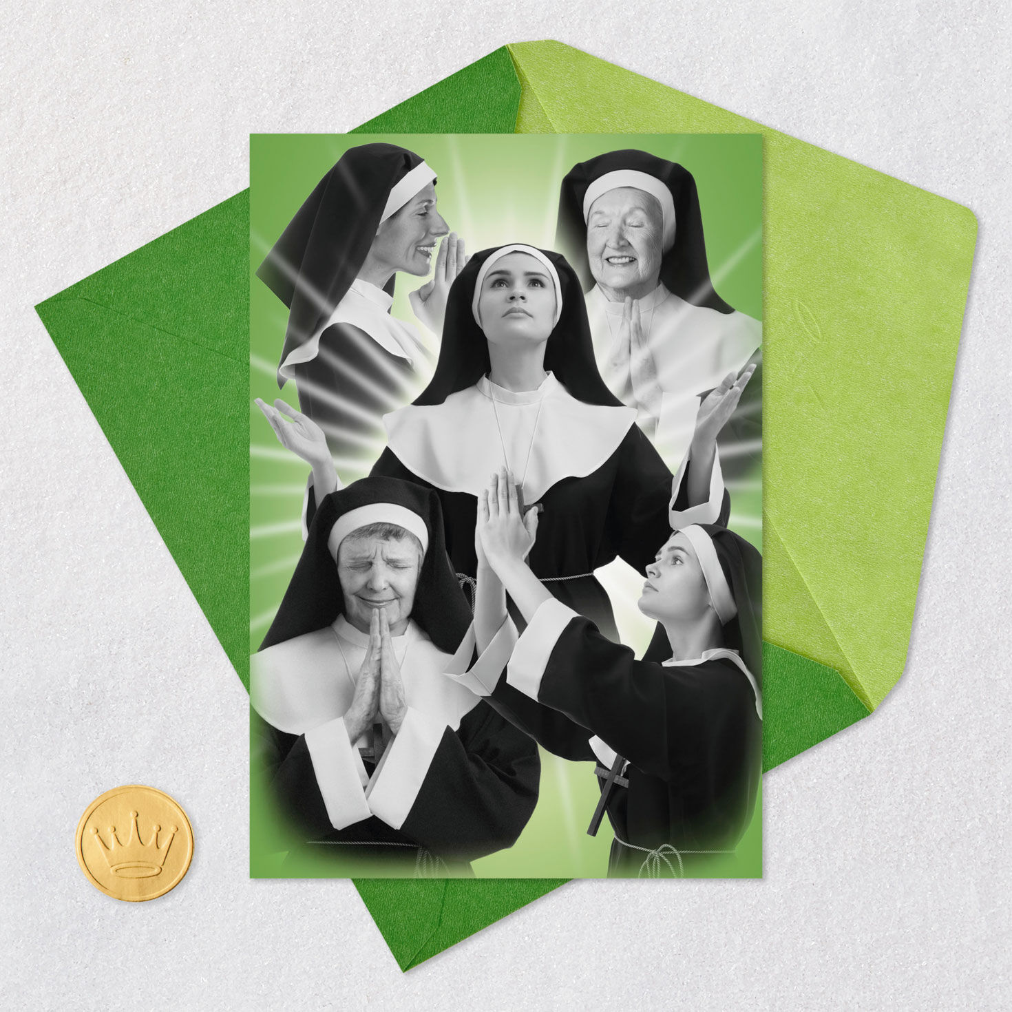 Nuns With Pained Looks Funny St. Patrick's Day Card Card Front with Envelope and Gold Seal image number 6
