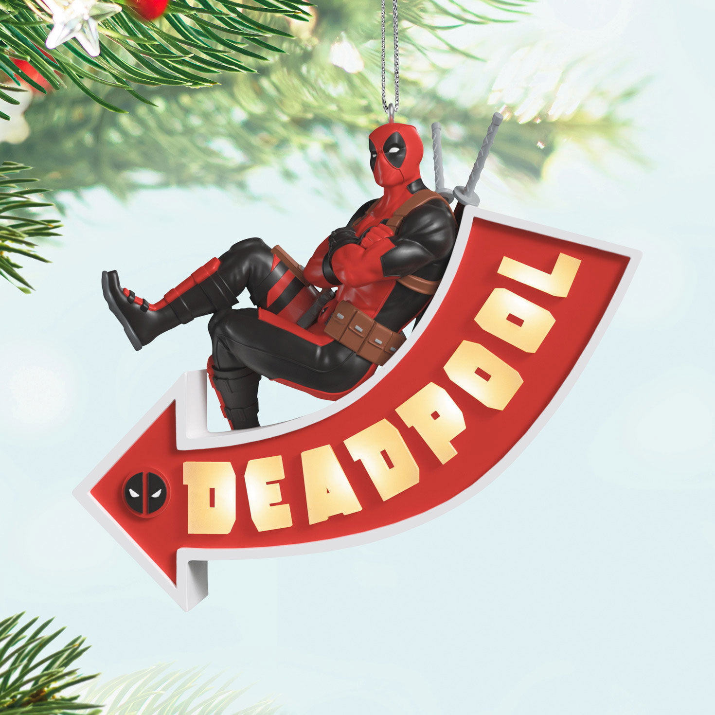 Deadpool on Sign Keepsake Ornament hanging on tree image number 2