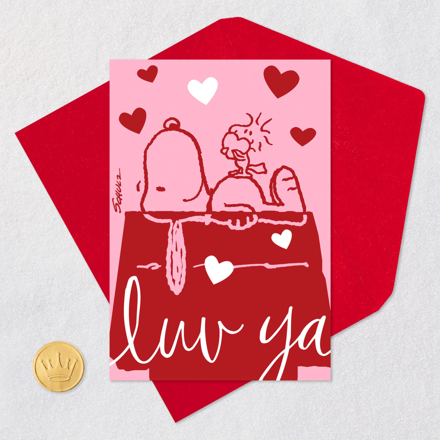 Pink and Red Snoopy and Woodstock Valentine's Day Card Card Front with Envelope and Gold Seal image number 5