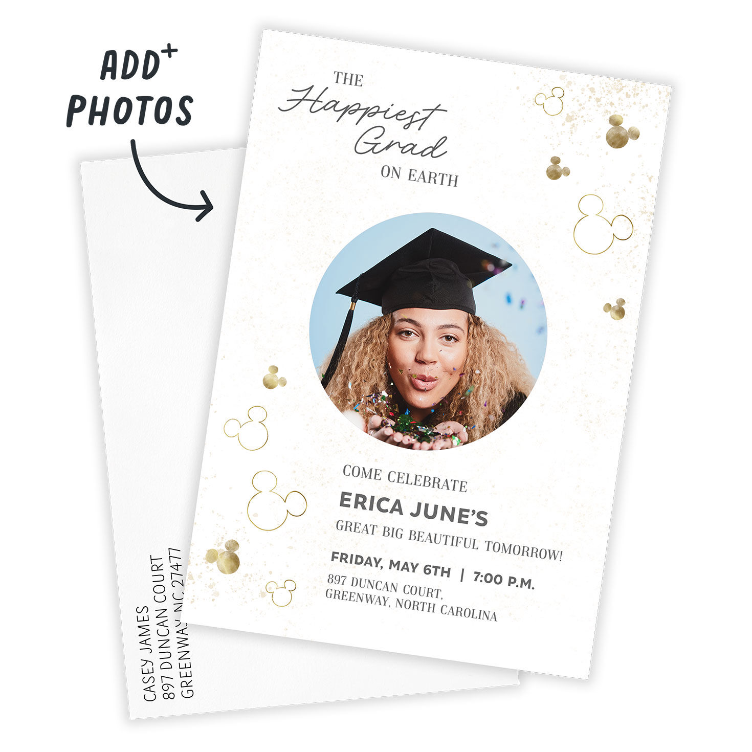 Gold Mickey Heads Grad Party Invitation Card Front indicating personalization image number 2