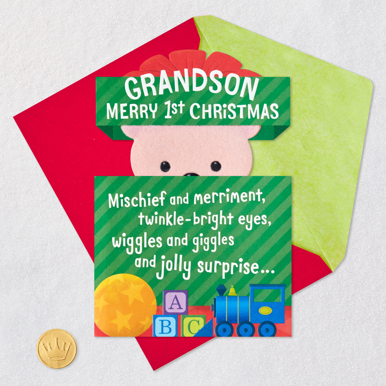 Teddy Bear Baby's First Christmas Card for Grandson Card Front with Envelope and Gold Seal image number 6