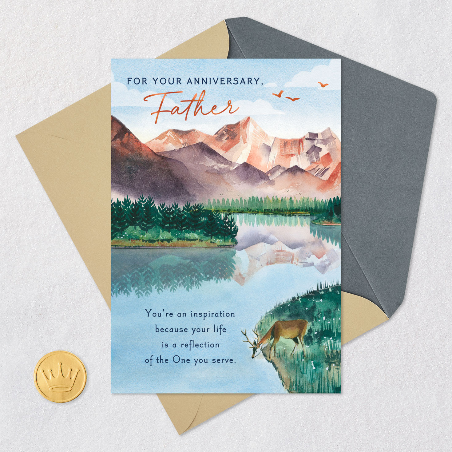 Deer at Mountain Lake Priest Ordination Anniversary Card Card Front with Envelope and Gold Seal image number 6